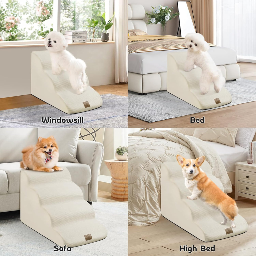 Foam Pet Stairs for High Bed, 4-Tier Dog Steps with Non-Slip Bottom, Beige P5934