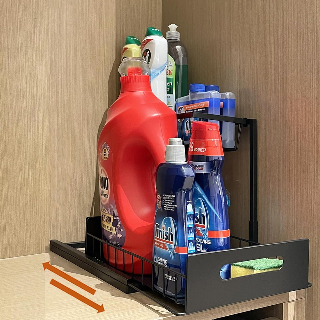 Under Sink Organizer 2 Tier Pull Out Sliding Shelf L-Shape Metal Under Cabinet Storage Multi-Functional Design for Kitchen,Bathroom Cabinet,Laundry Room,Pantry,Spice Rack,1pc Black