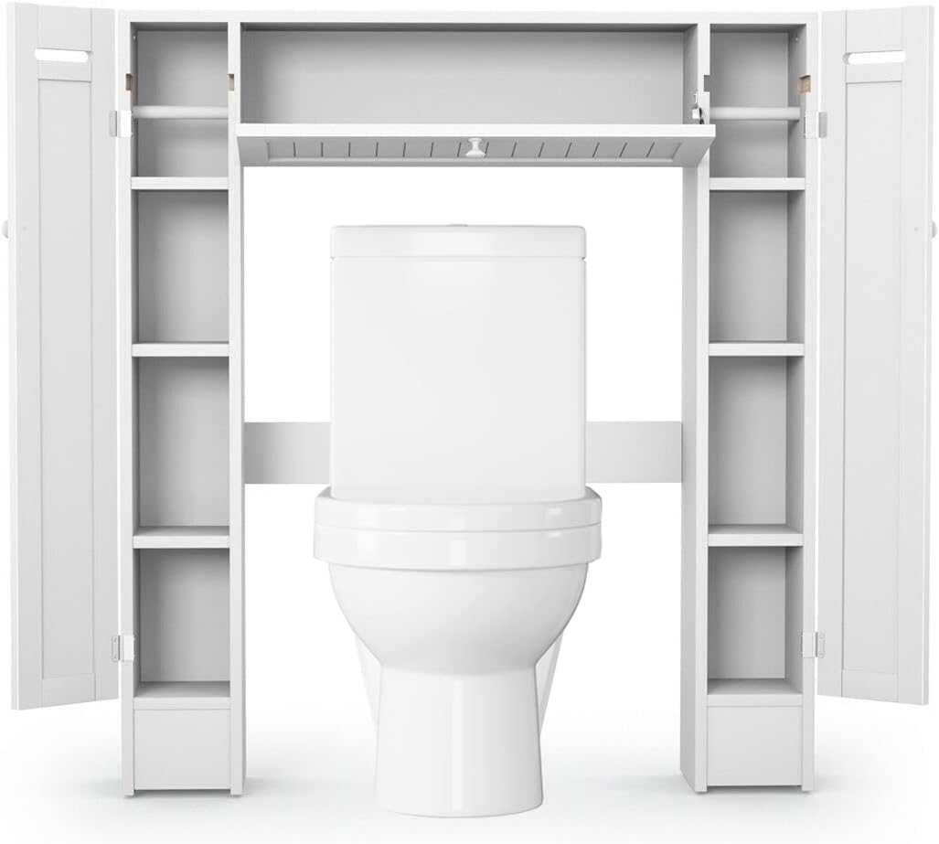 Freestanding Over The Toilet Cabinet,Over-The-Toilet Storage Cabinet with 2 Side Doors,Space Saver Bathroom Storage Toilet Rack with Adjustable Shelves,Paper Holder,White