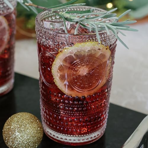 Hobnail Beaded Floral Rose Gold Drinking Glasses Set of 6, 13 oz Vintage Glassware Q3725