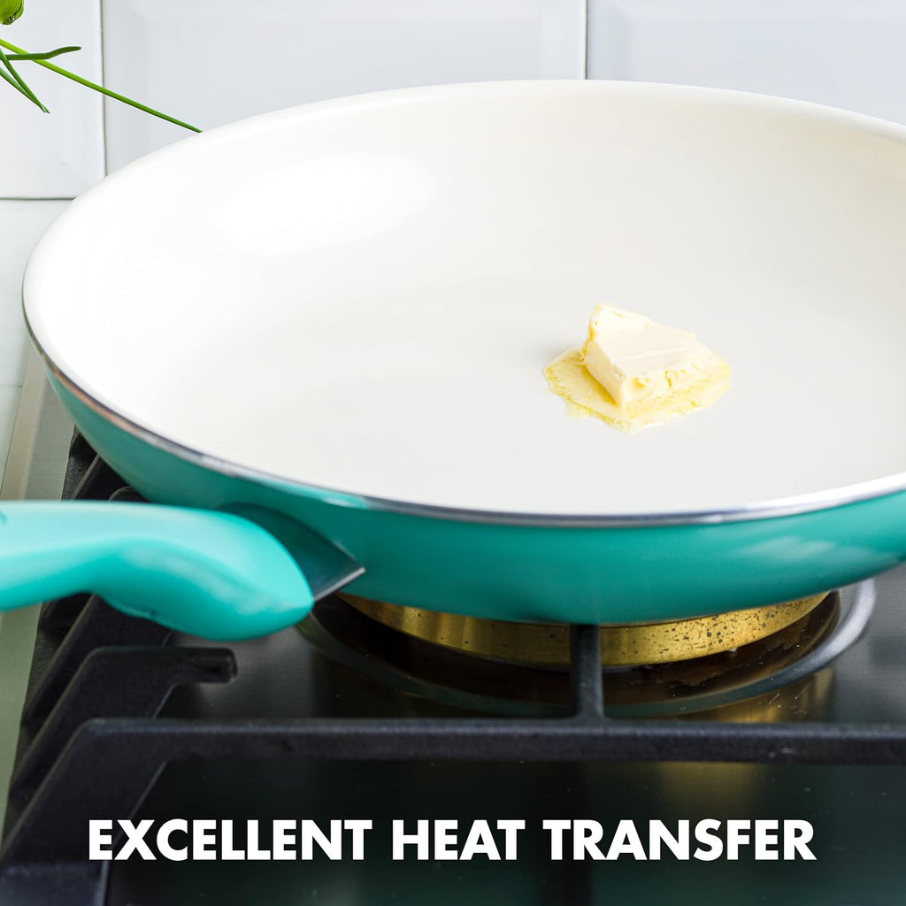 Healthy Ceramic Nonstick 13.5" Frying Pan Skillet with Helper Handle, Turquoise L707