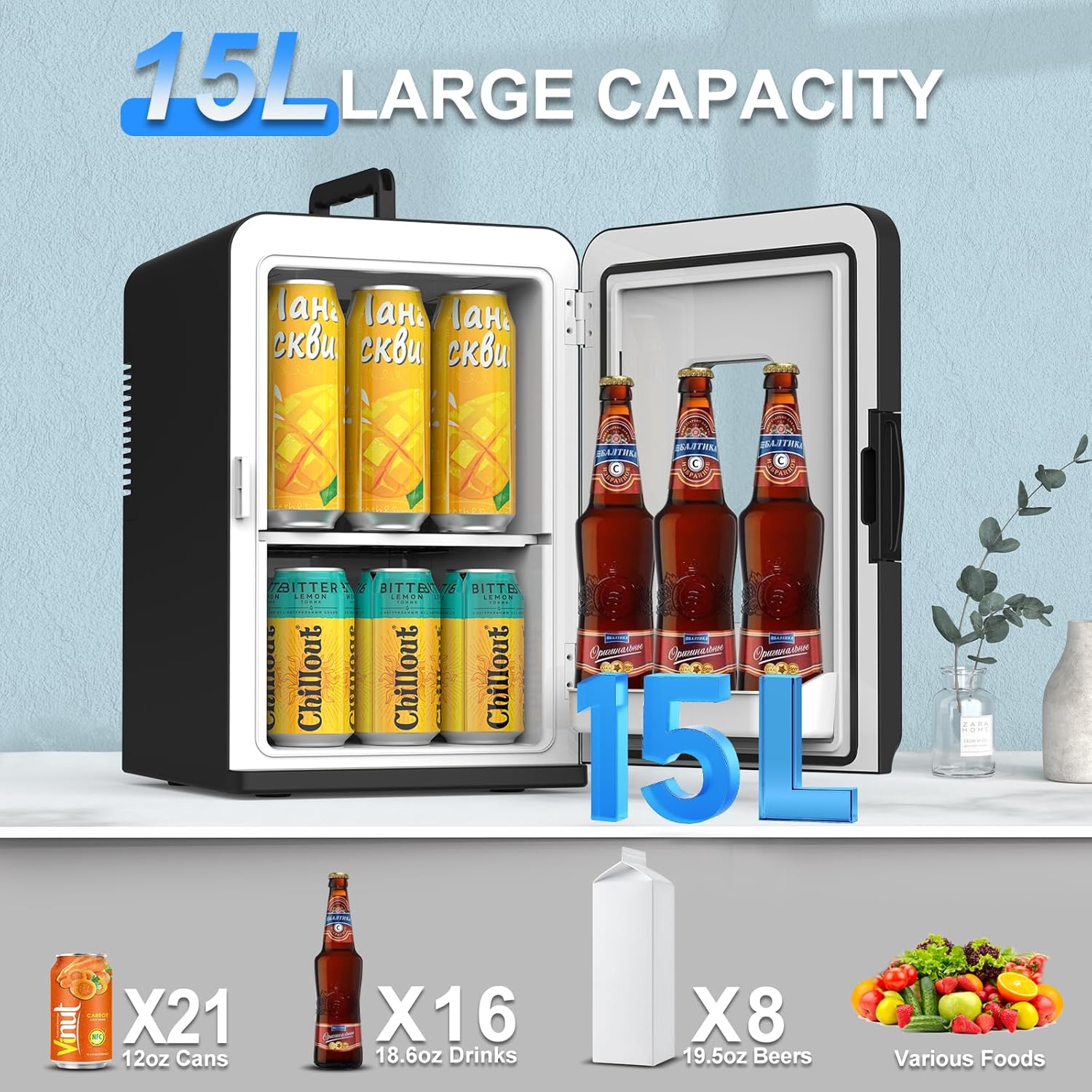 15 Liter Mini Fridge for Bedroom, Office, Car, Thermoelectric Cooler and Warmer S2350
