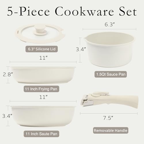 Nonstick Cookware Set with Detachable Handle, 5 Pcs Granite Coating, PFOA Free V6257