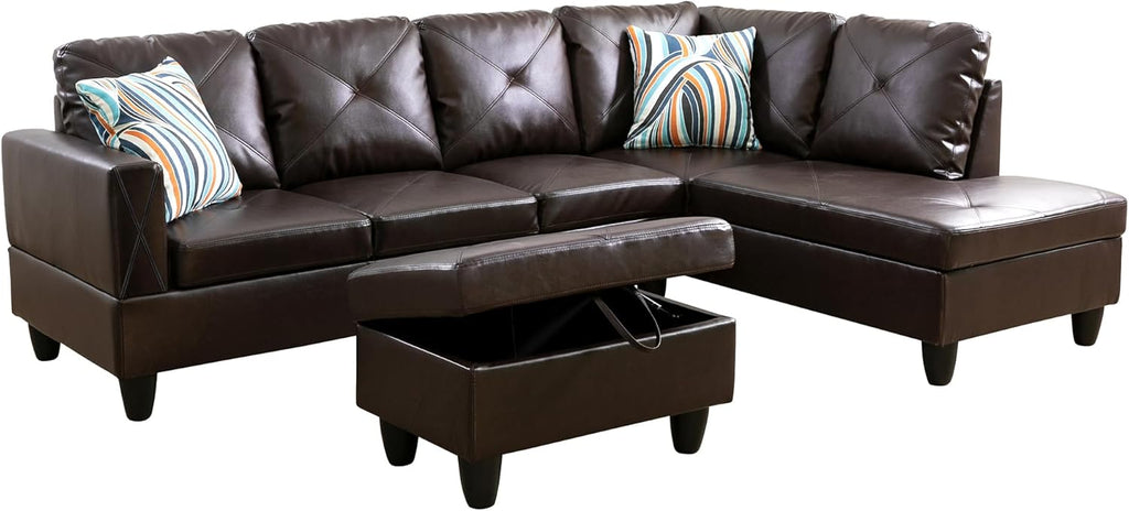 L-Shaped Sectional Sofa with Chaise, Faux Leather, Brown R925652