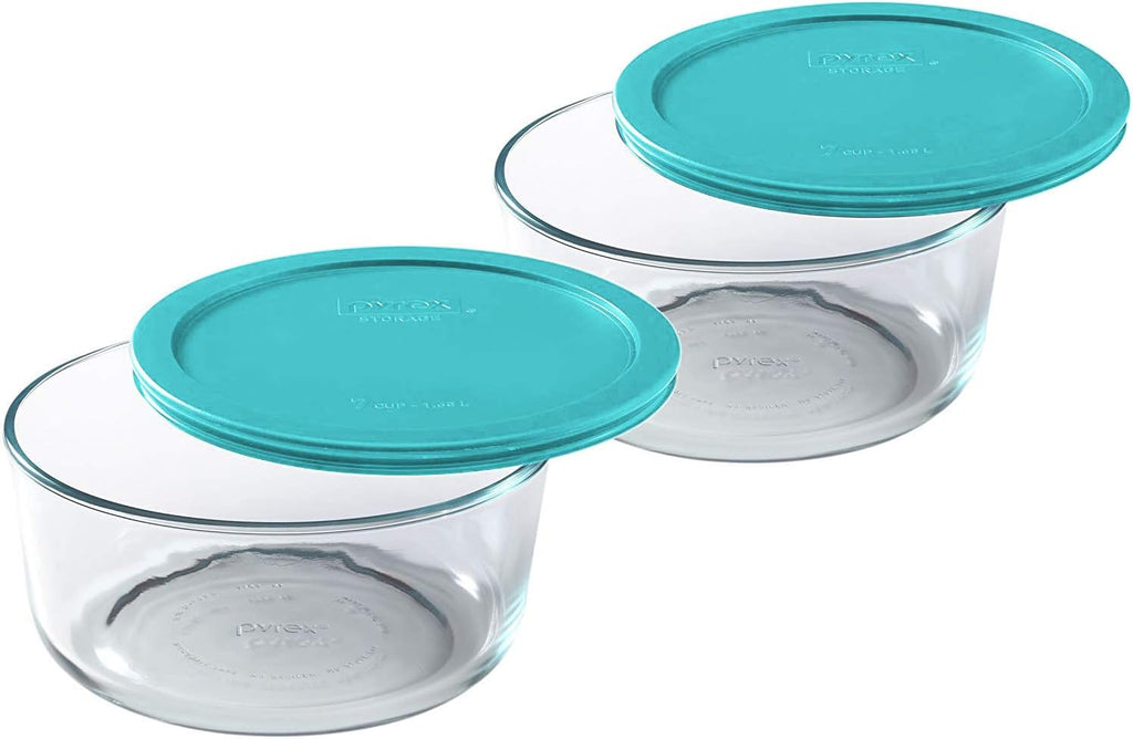 Pyrex Bundle - 4 Items: (2) 7203 6/7-Cup Glass Bowls, (2) 7402-PC 6/7-Cup Turquoise Plastic Lids Made in the USA