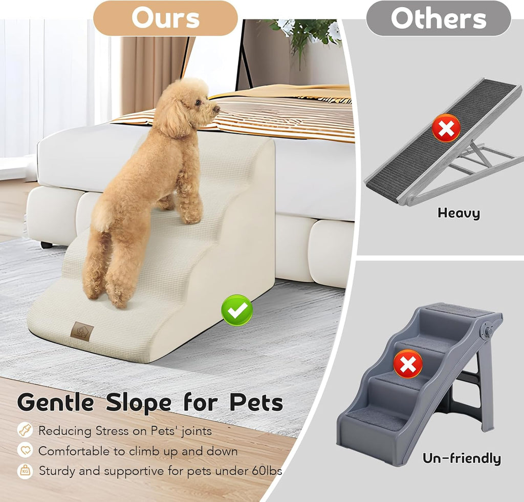 Foam Pet Stairs for High Bed, 4-Tier Dog Steps with Non-Slip Bottom, Beige P5934