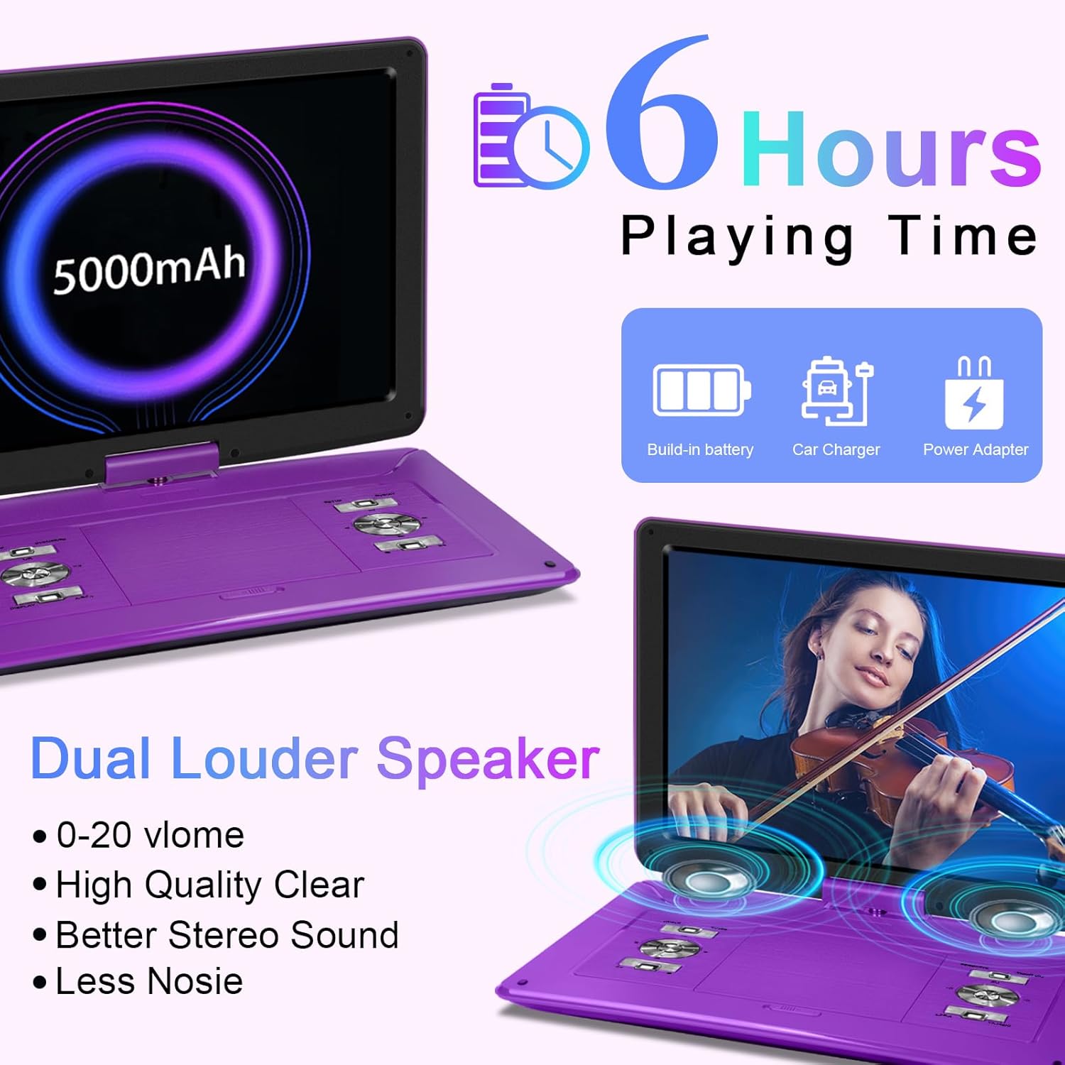 Portable DVD Player with 15.6" HD Screen, 6-Hour Battery, USB/SD Card Support K393