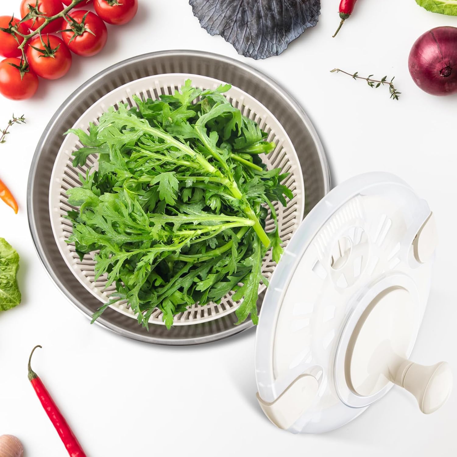 Salad Spinner Stainless Steel Large, Multi-Use Lettuce Spinner with Drain Bowl Colander C4782