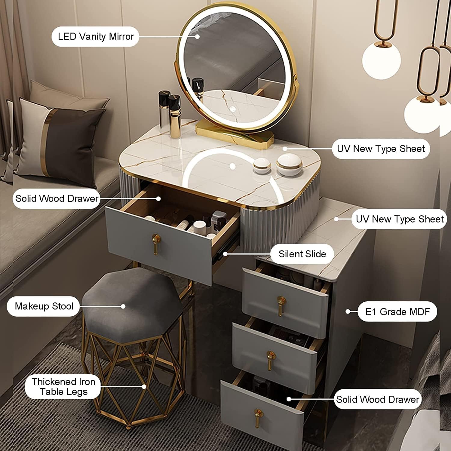 Vanity Desk with Lighted Mirror and Adjustable Cabinet M1735