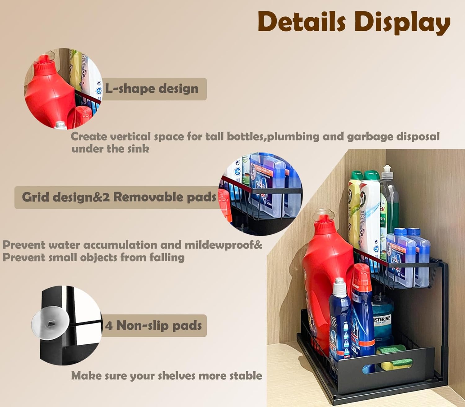 Under Sink Organizer 2 Tier Pull Out Sliding Shelf L-Shape Metal Storage L6918