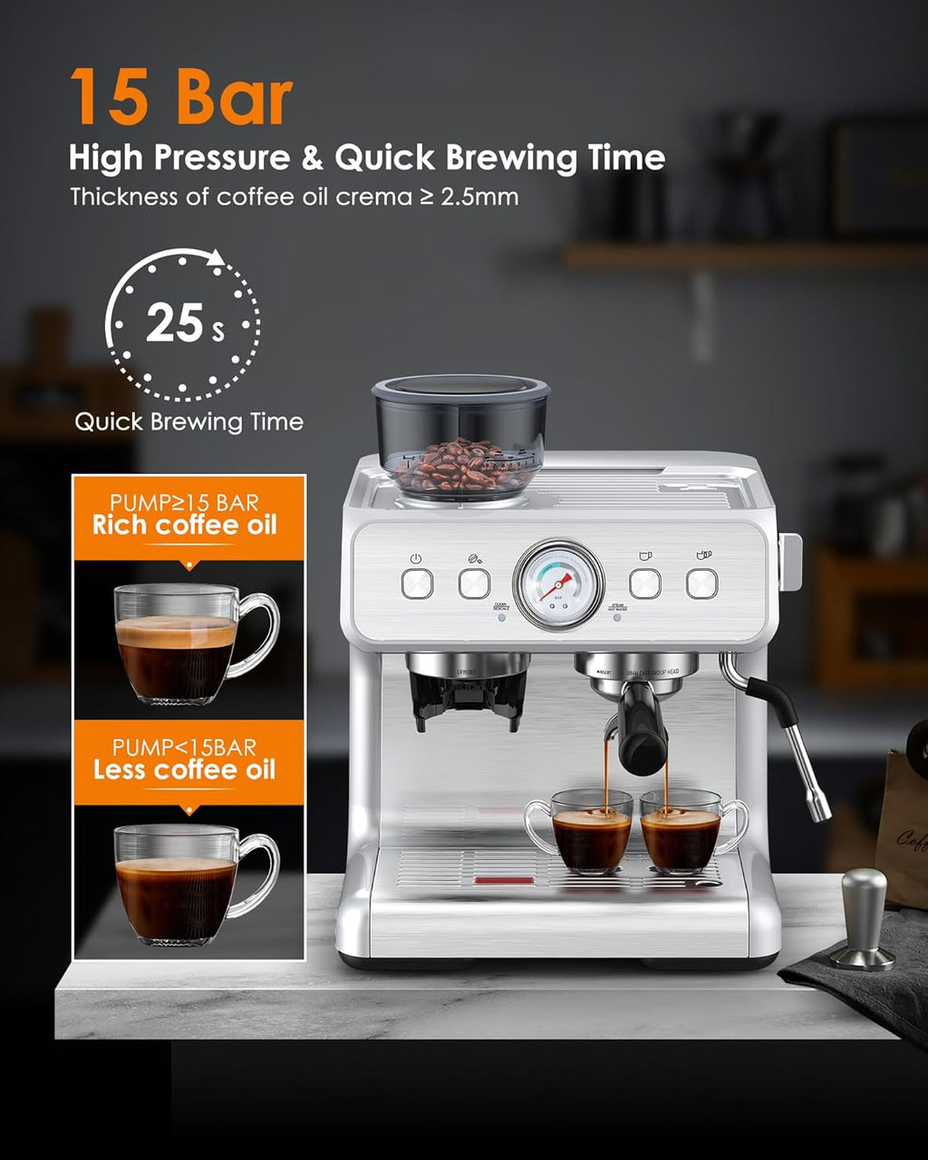 Espresso Machine with Bean Grinder and Milk Frother, Stainless Steel M61756