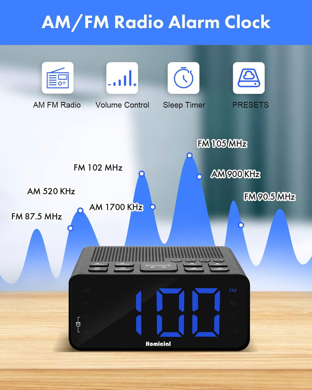 LED Alarm Clock Radio with AM/FM, Dimmer and Sleep Timer U5715