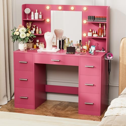 Vanity Desk with LED Lighted Mirror&Power Outlet, 3 Model Lights Makeup Vanity Table with 7 Drawers and 6 Storage Shelves for Bedroom and Dressing Room (Black)