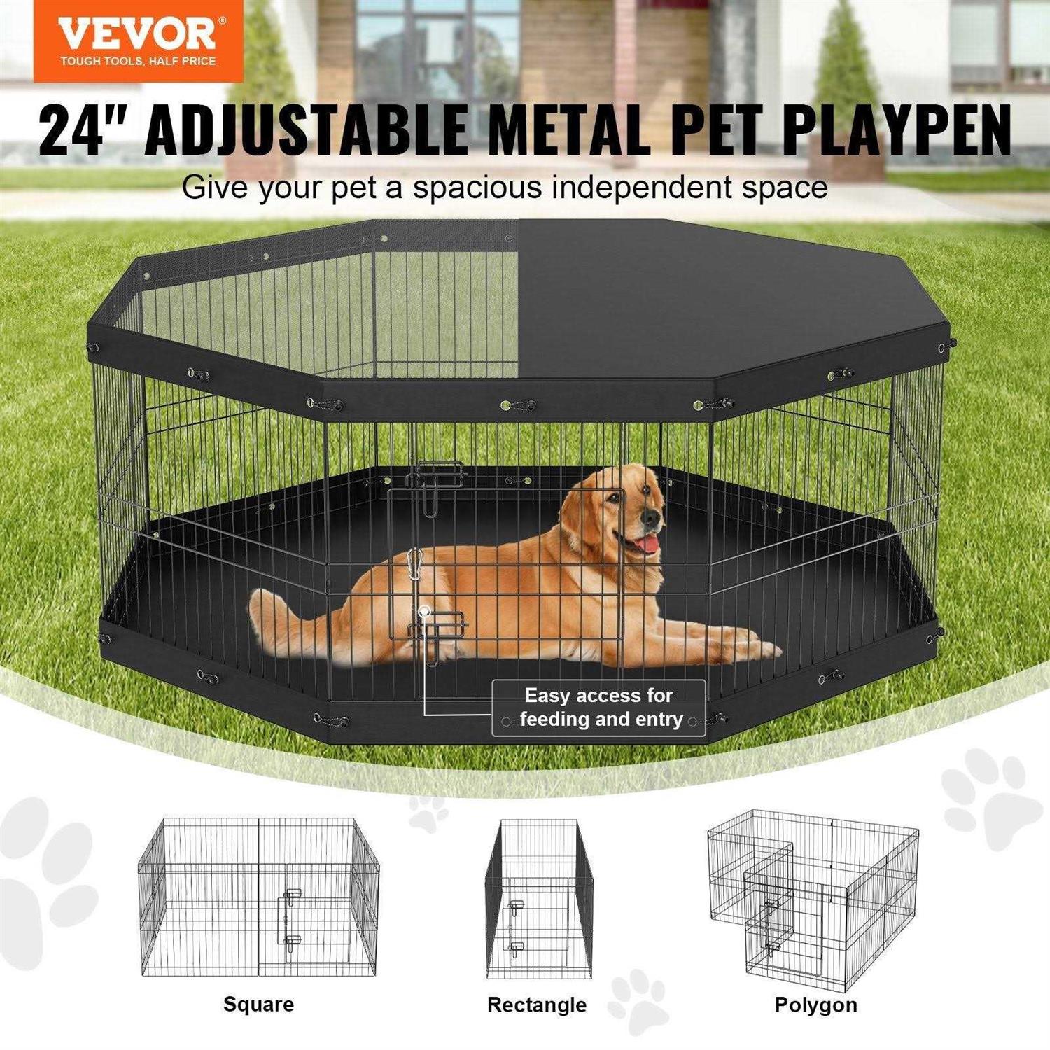 Dog Playpen, 8 Panels Foldable Metal Exercise Pen with Top Cover and Bottom Pad W319