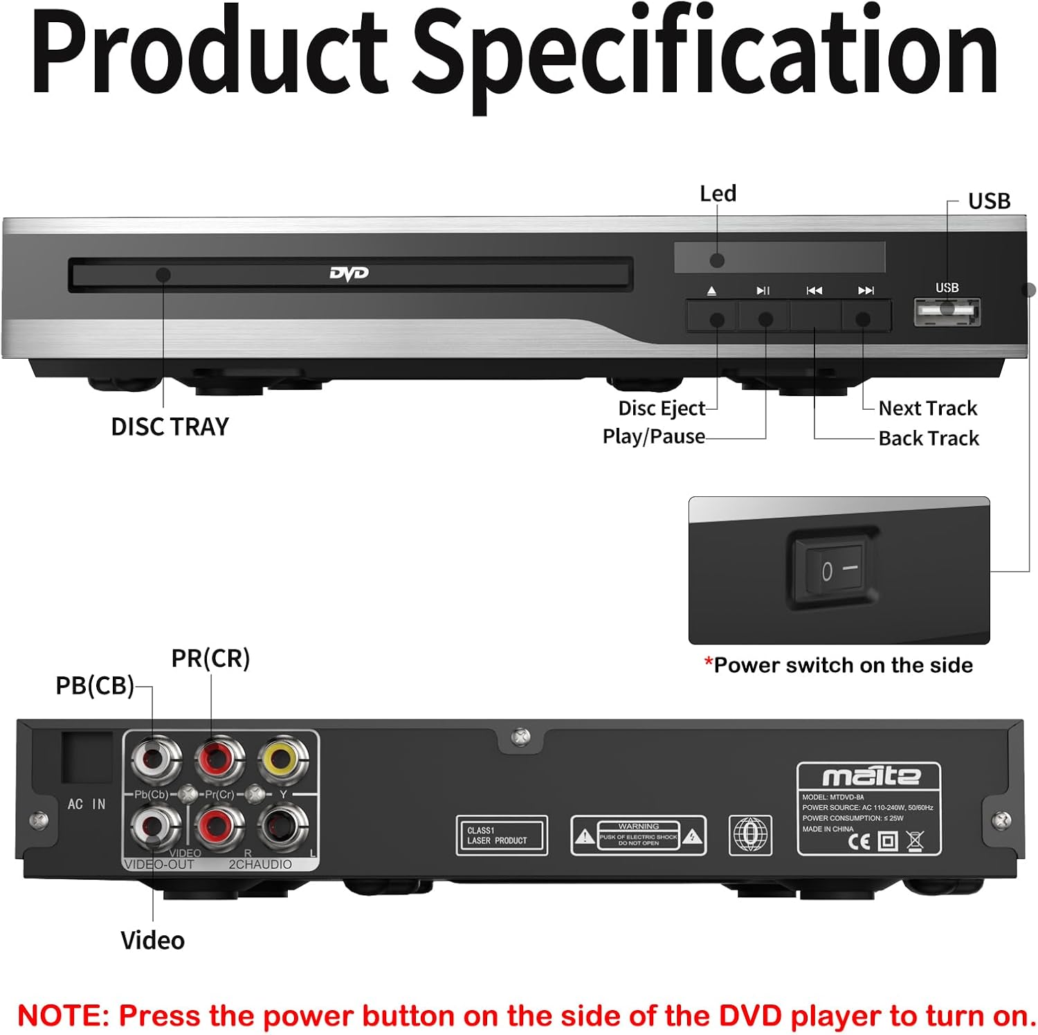 DVD Player, Region Free, Compact, Supports NTSC/PAL with USB Input N111340