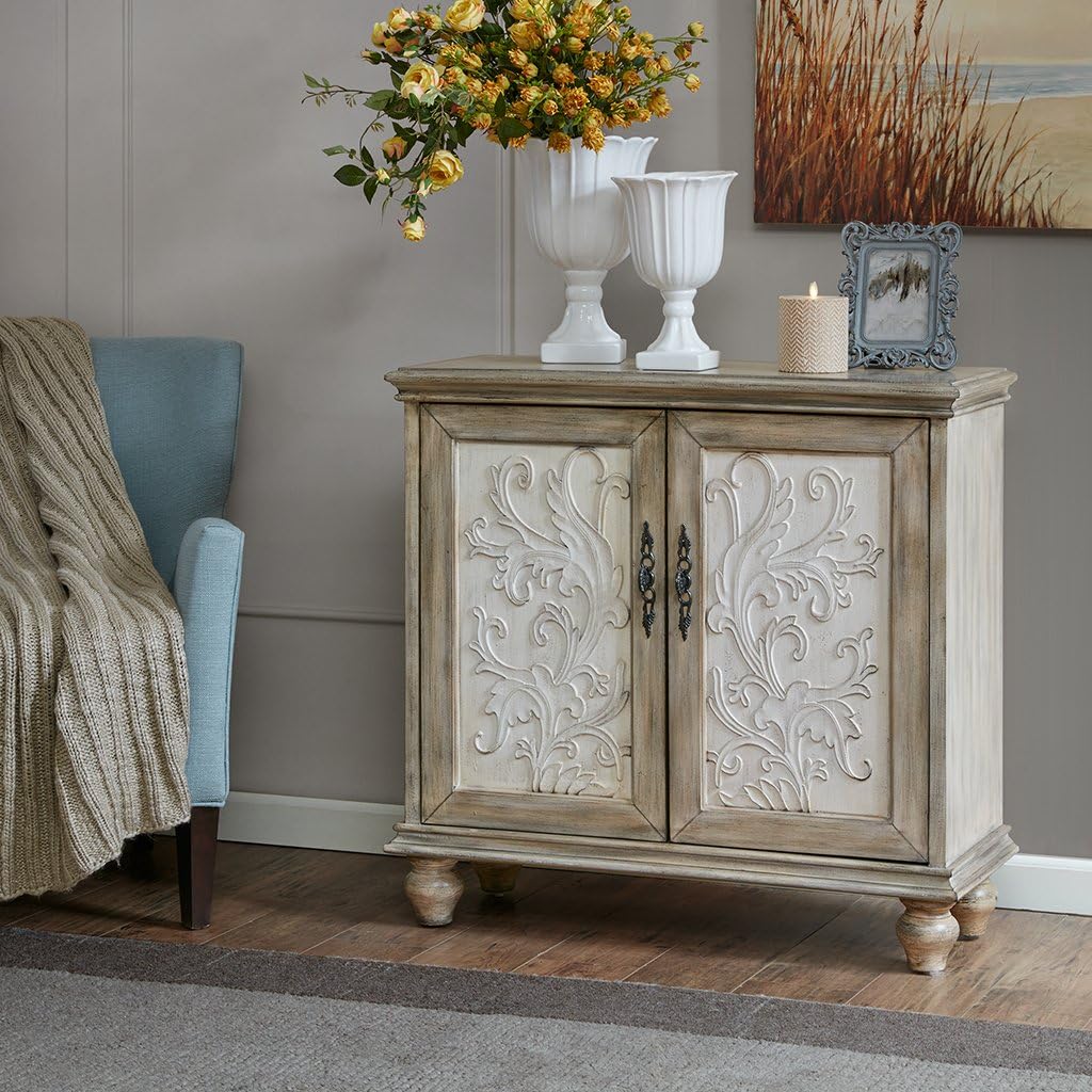 Elegant Floral Carved 2-Door Accent Cabinet with Adjustable Shelf, Natural Wood Finish, Sturdy Solid Wood Legs, Home Organizational Furniture, Stylish Farmhouse Design, Spacious Interior