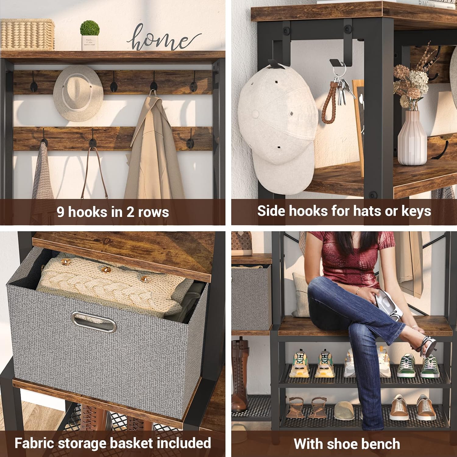 Hall Tree with Storage Bench, Coat Rack, 5-Tier Shelves, Fabric Basket, Rustic Brown F61556