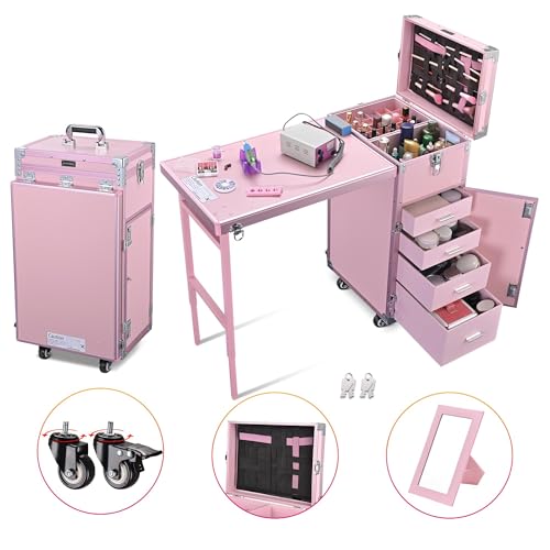 Foldable Rolling Manicure Table with 4 Drawers, Pink Y30853