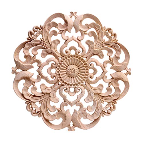 Veemoon Wood Carved Onlay Wooden Onlay Applique Round Flower Unpainted Corner Decal Rustic Wood Wall Art for Furniture Refurbish Door Center Decoration 15x15cm