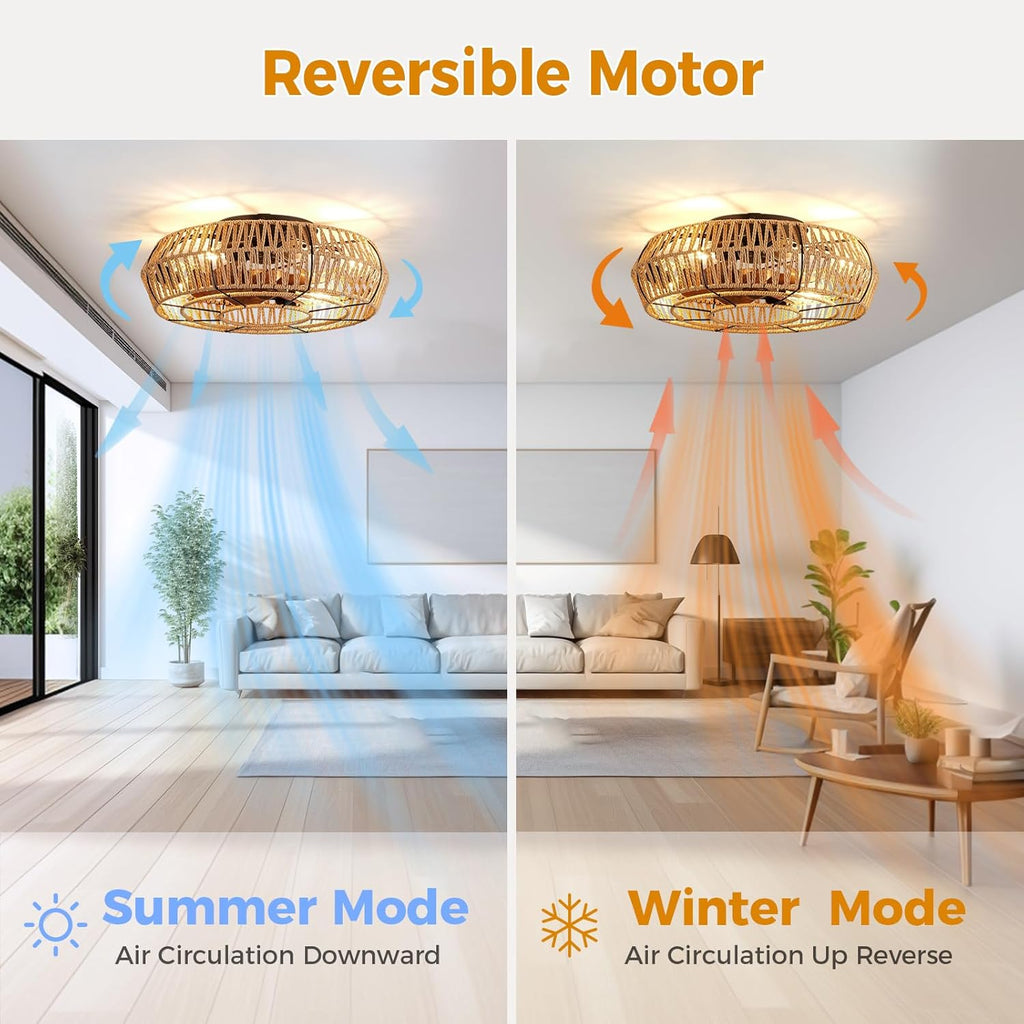 Boho Ceiling Fan with Lights - 20 Inch Flush Mount with Remote, Rattan Caged Design for Bedroom Living Room E9730