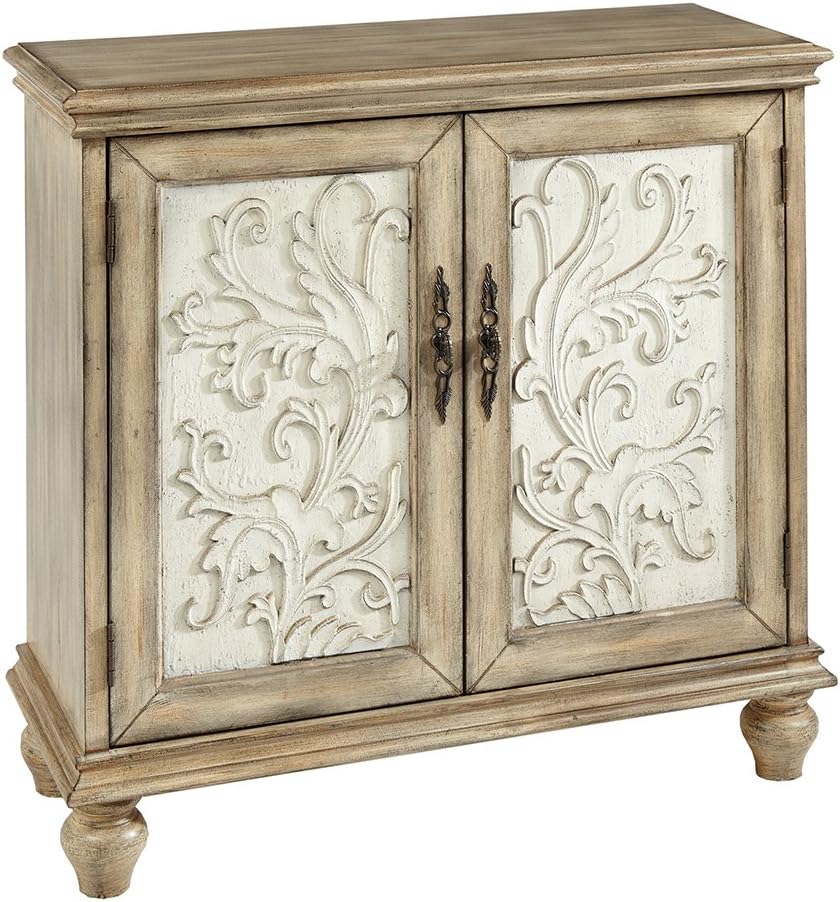 Floral Carved 2-Door Accent Cabinet with Adjustable Shelf, Natural Wood Finish Z9880