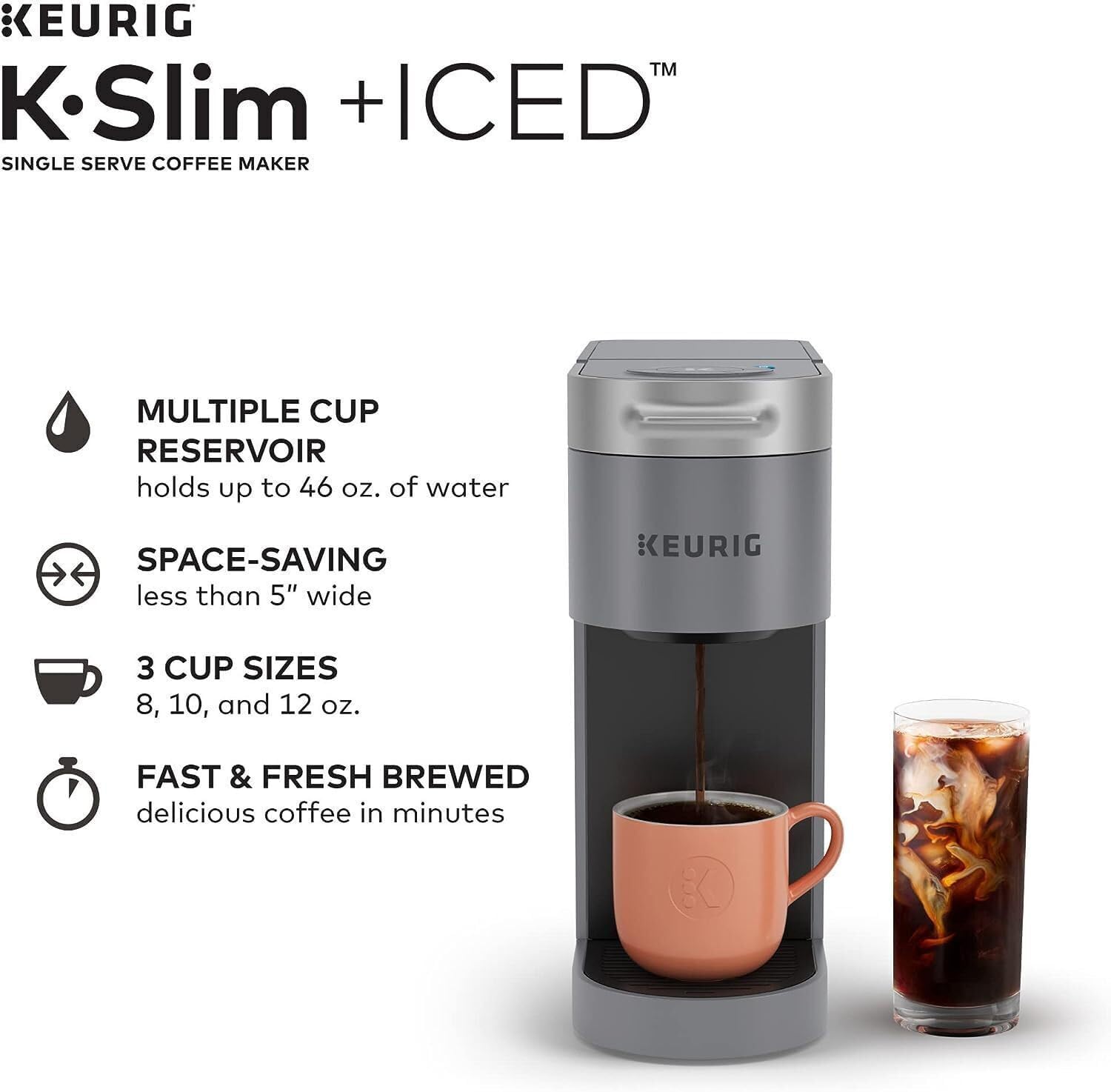 Single Serve Iced Coffee Brewer with 3 Brew Sizes, Space-Saving Design, Bundle with Medium Roast Pods and Cleaning Cups Y752361