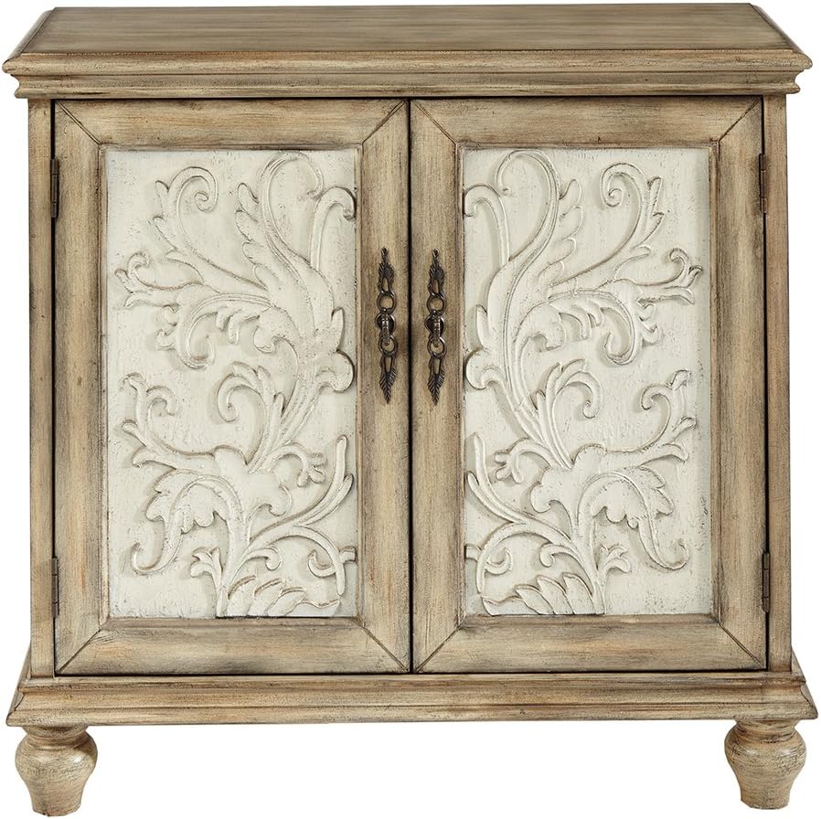 Floral Carved 2-Door Accent Cabinet with Adjustable Shelf, Natural Wood Finish Z9880