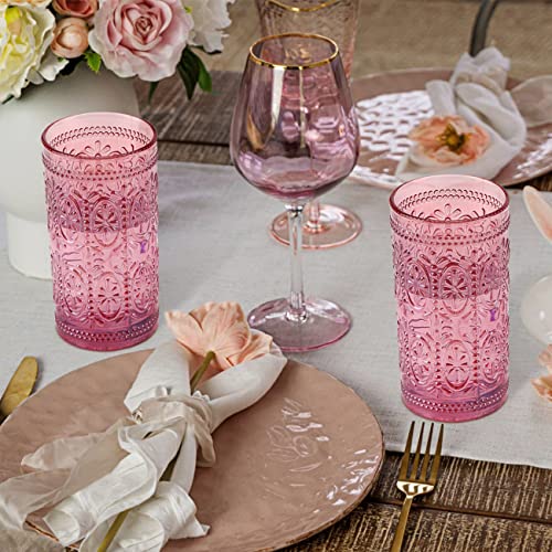 6 Pack Pink Glassware Drinking Glasses, 12oz Embossed Highball Cups H39781