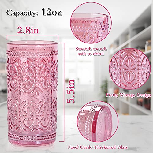 6 Pack Pink Glassware Drinking Glasses, 12oz Embossed Highball Cups H39781