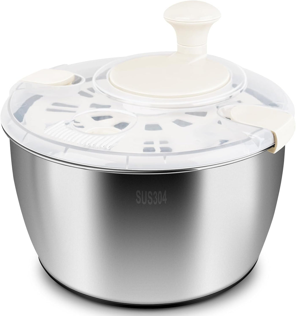 RAINBEAN Salad Spinner Stainless Steel Large, Multi-Use Lettuce Spinner Wash Spin and Dry Fruits & Vegetables with Drain Bowl Colander Spinner (5Qt)