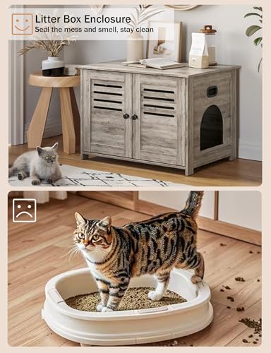 Litter Box Enclosure for 2 Cats, Hidden Cat Furniture with Double Rooms, Wooden Cabinet, Espresso X137756