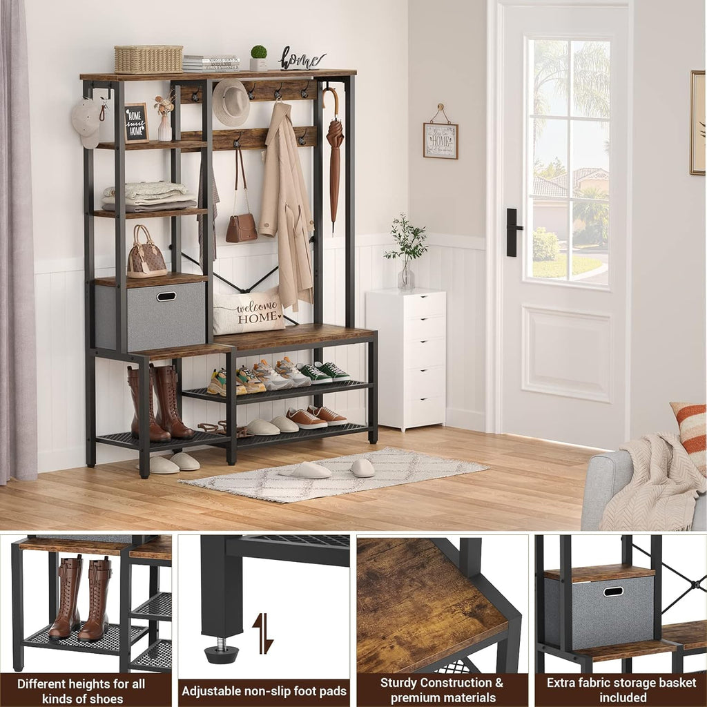 Hall Tree with Storage Bench, Coat Rack, 5-Tier Shelves, Fabric Basket, Rustic Brown F61556
