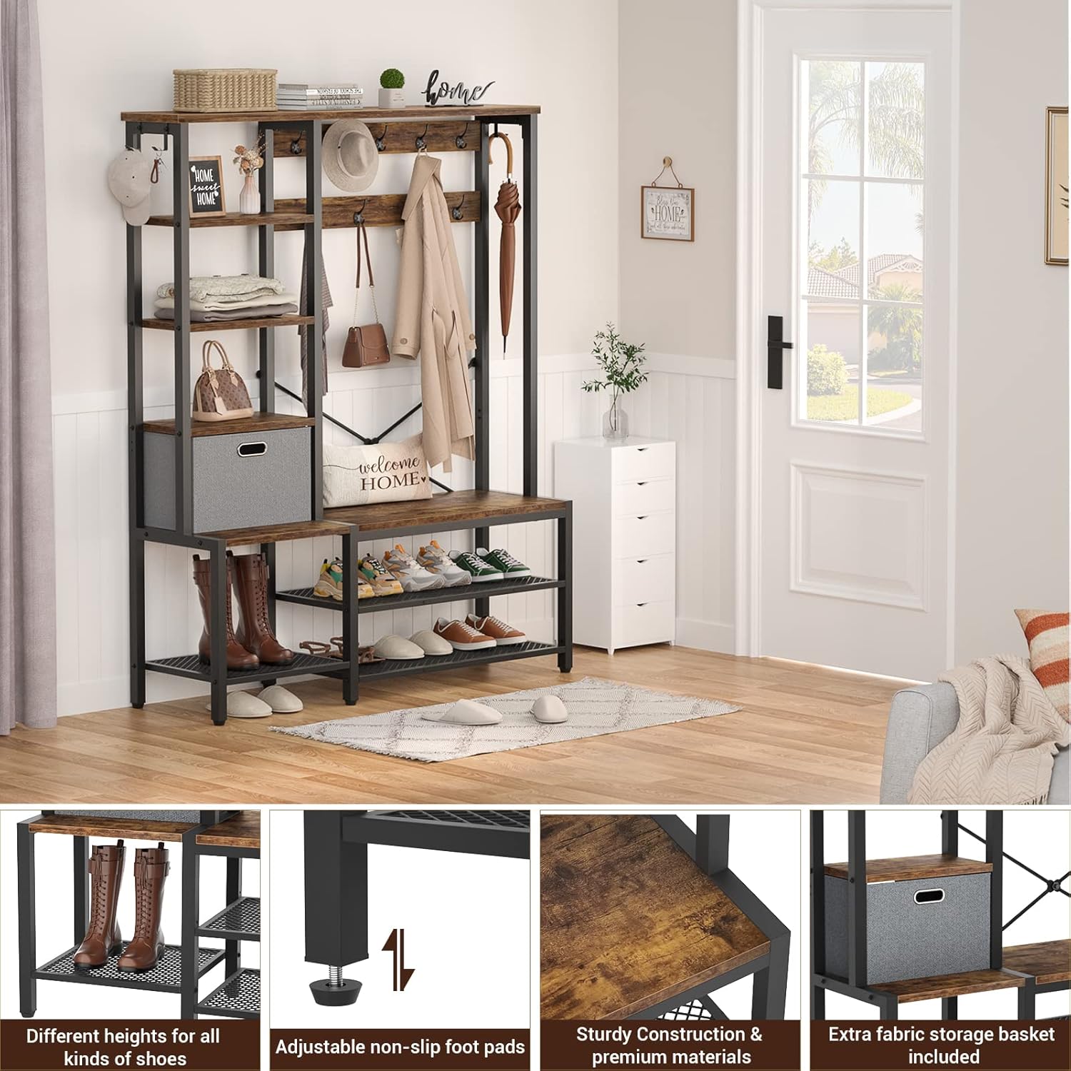 Hall Tree with Storage Bench, Coat Rack, 5-Tier Shelves, Fabric Basket, Rustic Brown F61556