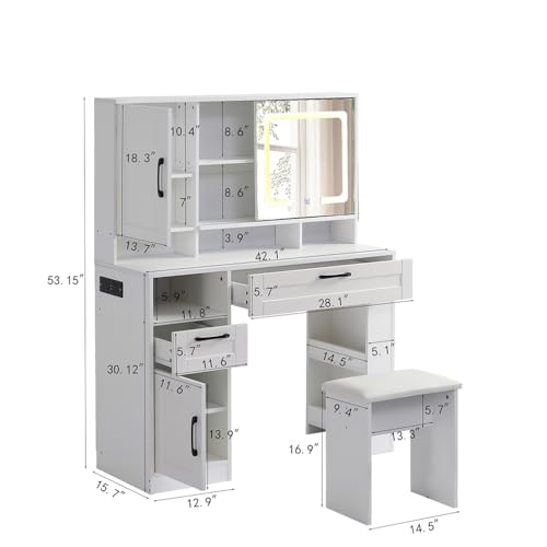White Vanity Desk with Mirror and Cushioned Stool I65540