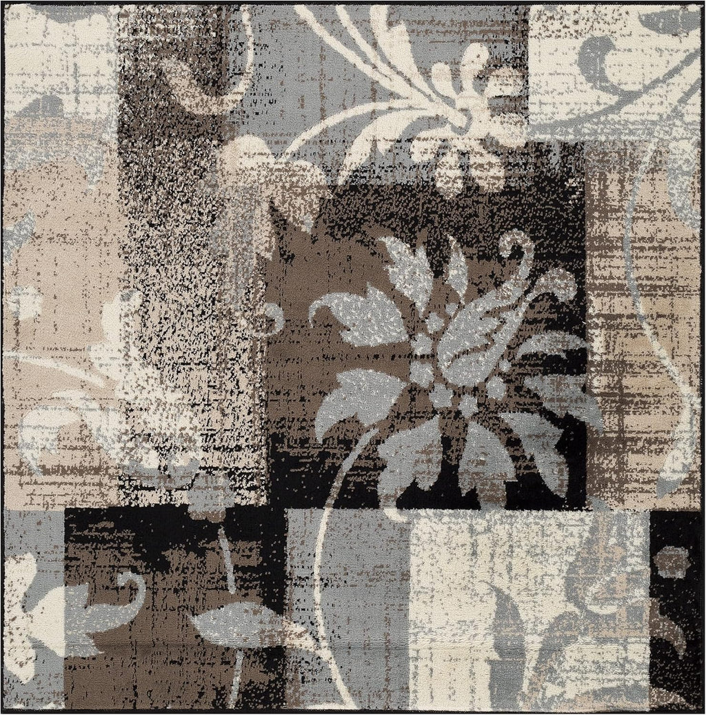 Indoor Large Area Rug with Jute Backing, Floral Geometric Decor, 5' x 5', Beige D785