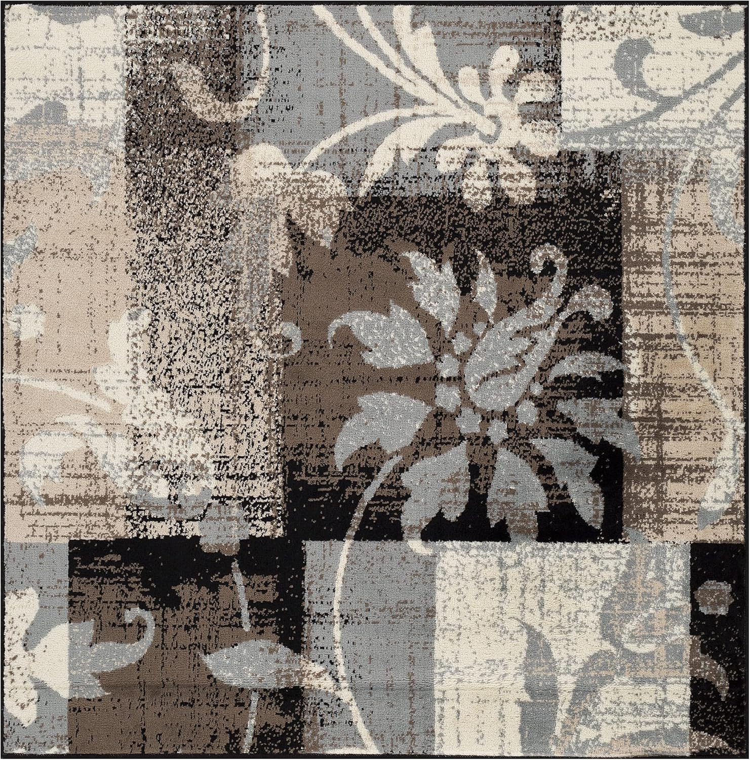 Indoor Large Area Rug with Jute Backing, Floral Geometric Decor, 5' x 5', Beige D785