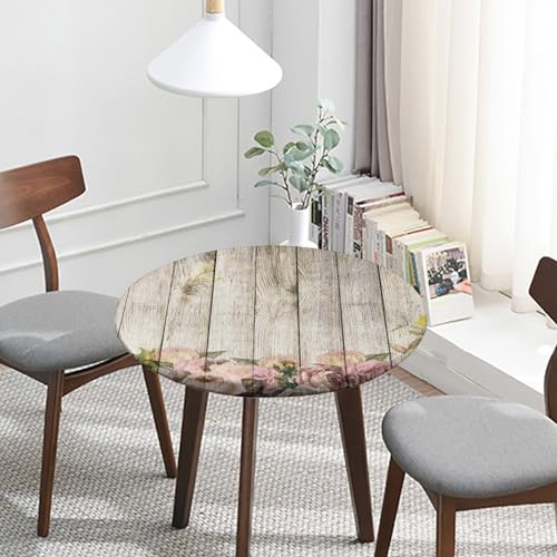 Fitted Round Tablecloth, Vintage Wood Grain Elastic Edge, Fits 32" Table H7139