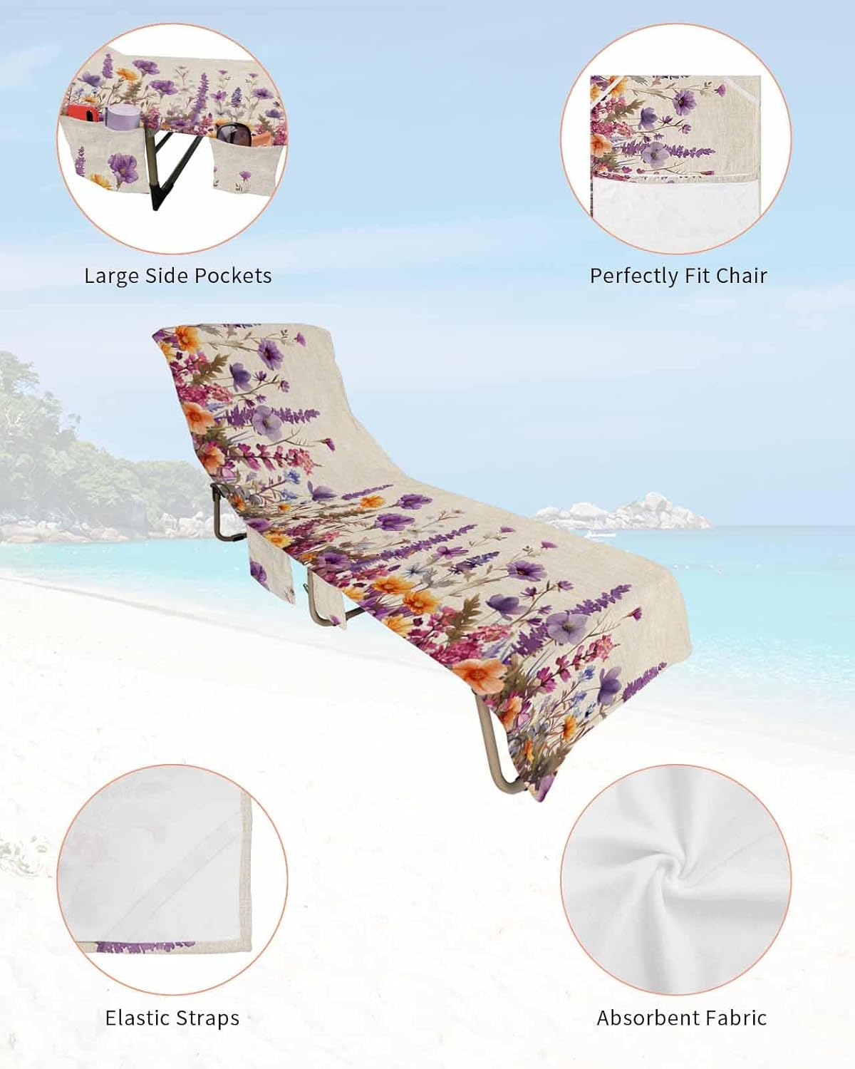 Beach Chair Cover with Side Pockets, Quick Dry, Watercolor Floral Print J8386