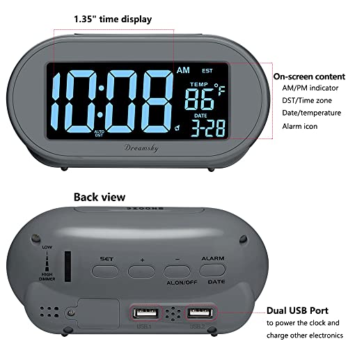 Alarm Clock for Bedrooms, Auto Set Digital Desk Clock with Dimmable Brightness, USB Port, Snooze J688986