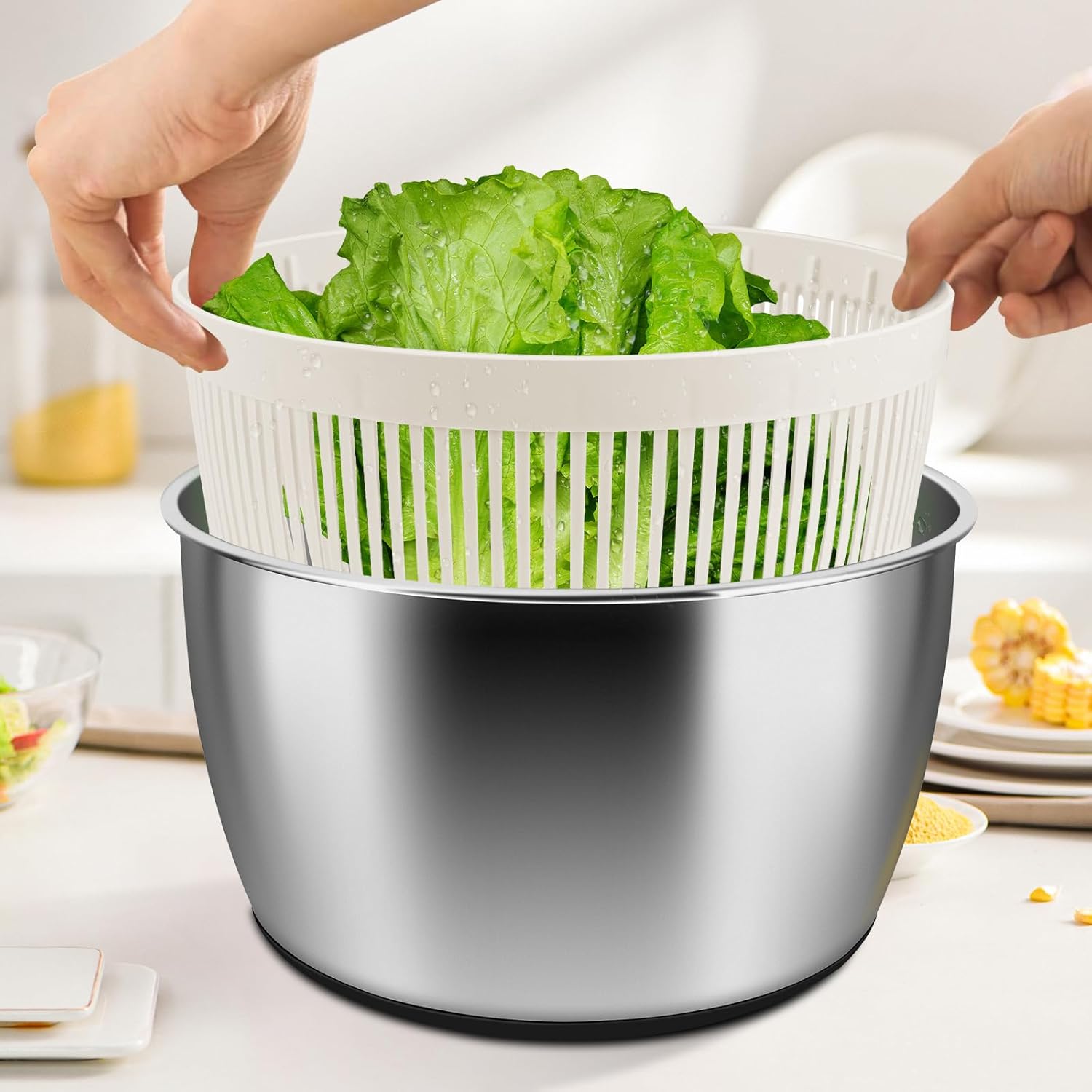 Salad Spinner Stainless Steel Large, Multi-Use Lettuce Spinner with Drain Bowl Colander C4782