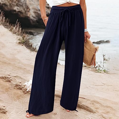 Womens Loose Wide Leg Beach Pants with Elastic High Waist S39485