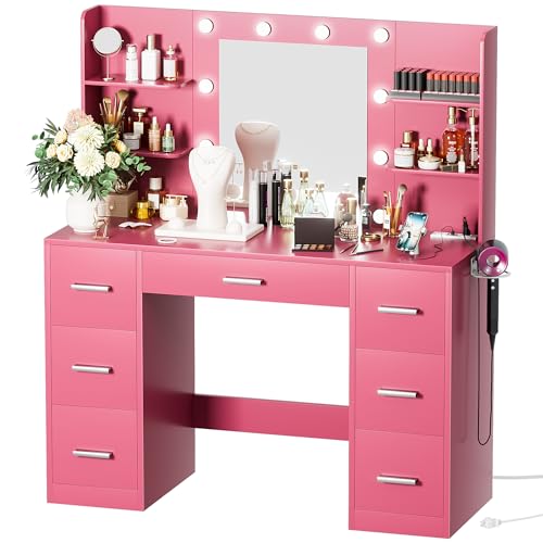 Vanity Desk with LED Mirror and Power Outlet, 7 Drawers C542075
