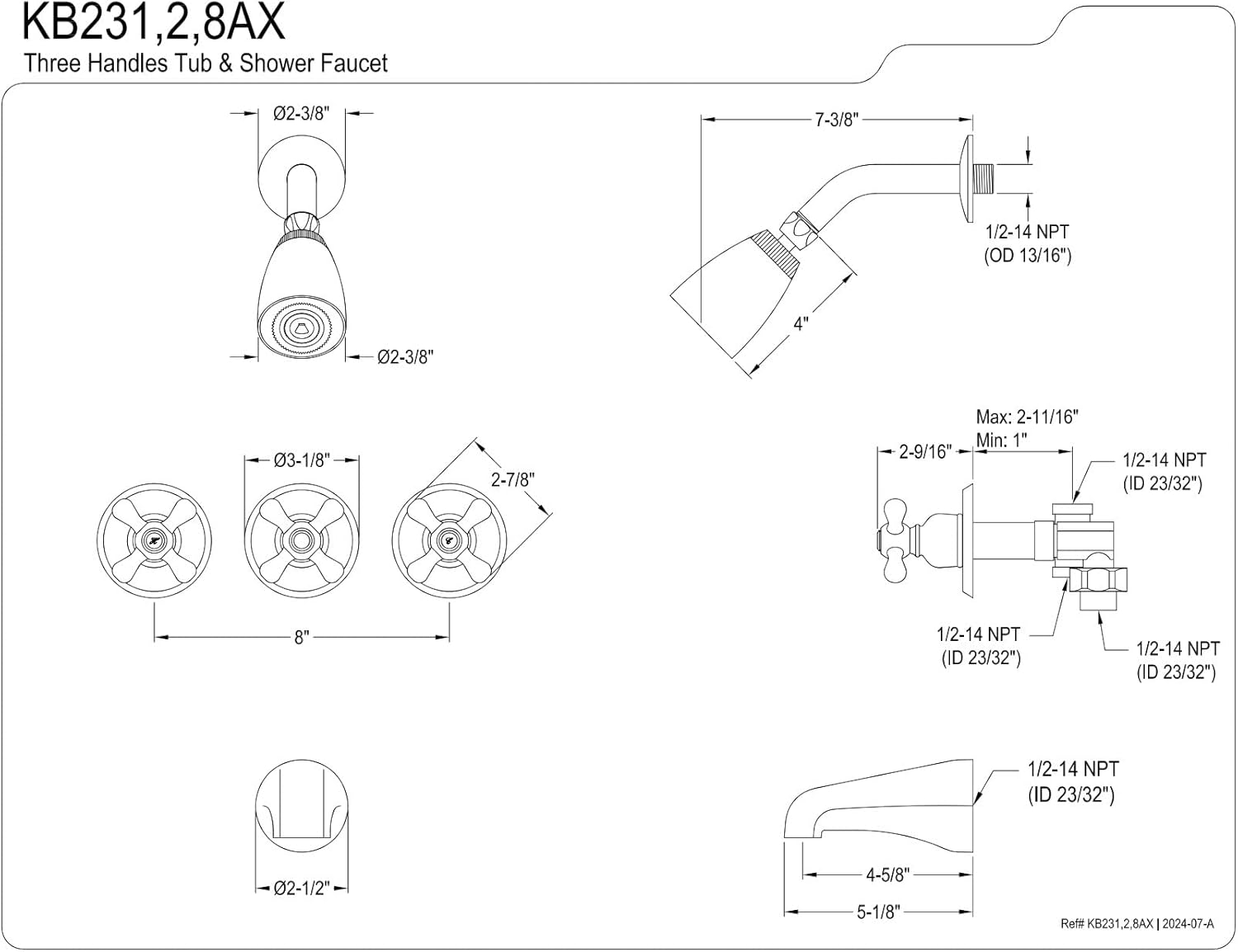 Tub and Shower Faucet with 3-Cross Handle, Polished Chrome Y393