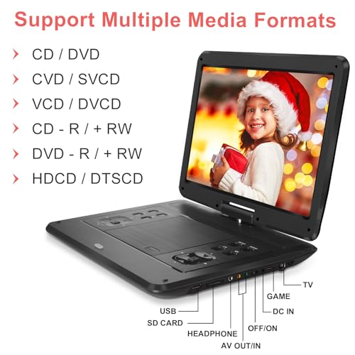 Portable Mobile DVD Player with 14.1" Swivel Screen, 6 Hrs Battery, USB/SD Support K7489