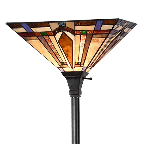 Tiffany Style Torchiere Floor Lamp Mission Stained Glass Shade 12"x 69" Tall Pole Vintage Antique Reading Light Fixture for Living Room Bedroom