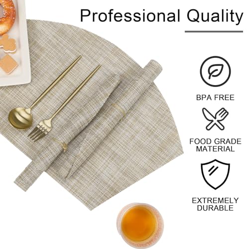 Round Table Placemats Set of 4 Non Slip Heat Resistant Woven Vinyl Metallic Golden U3114