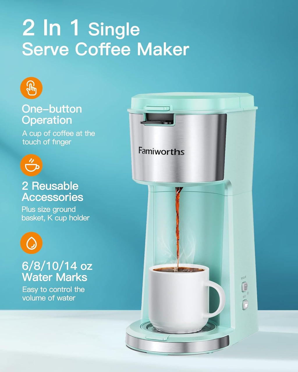 Famiworths Single Serve Coffee Maker for K Cup & Ground Coffee, With Bold Brew, One Cup Coffee Maker, 6 to 14 oz. Brew Sizes, Fits Travel Mug, Fresh Green