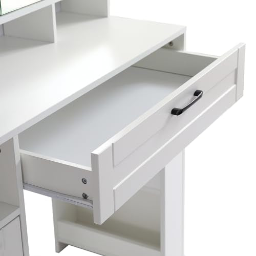 White Vanity Desk with Mirror and Cushioned Stool I65540
