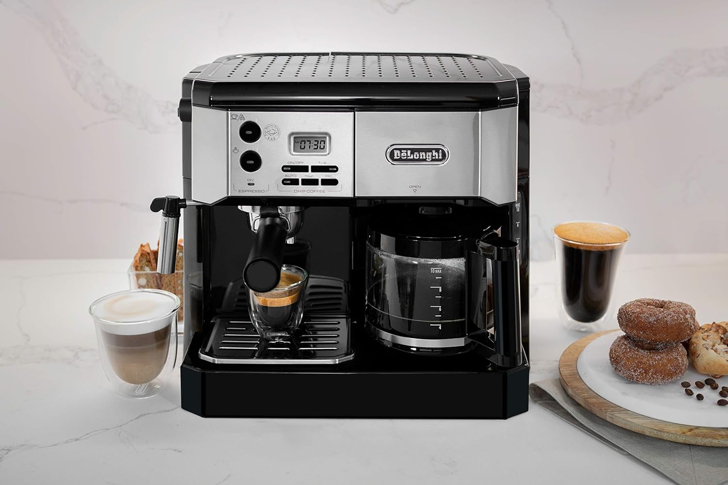 All-in-One Coffee Maker & Espresso Machine with Milk Frother, 10-Cup Glass Pot Y85027