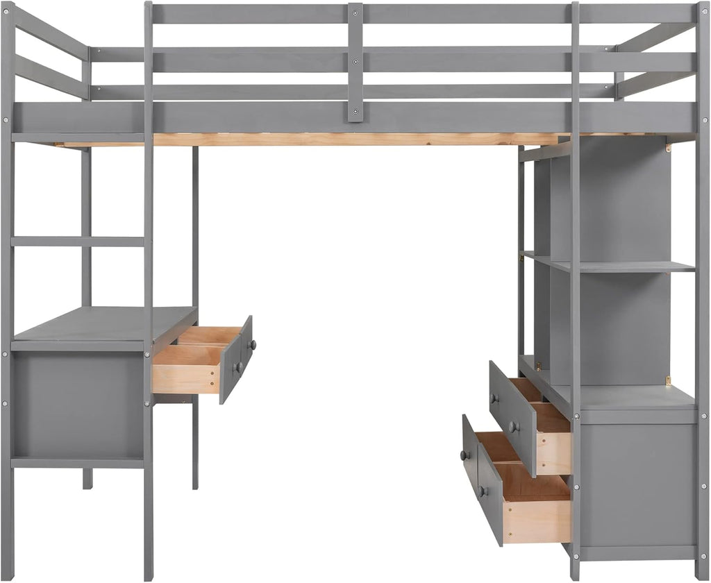 Full Size Loft Bed with Desk and 2 Drawers, Solid Wood, Grey W2237